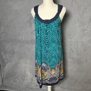 Apt. 9 Medium Teal Navy Animal Print Paisley Braided Neckline Summer Shift Dress